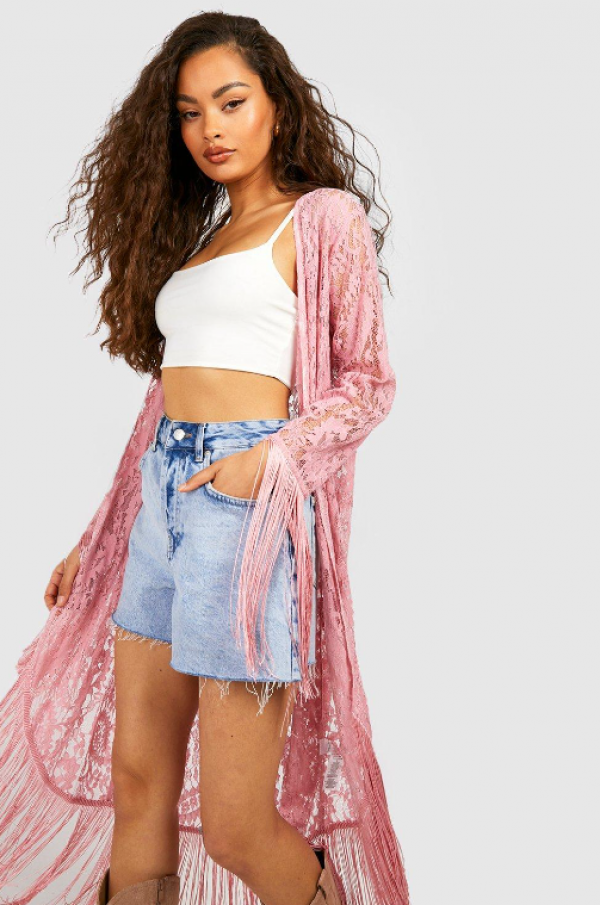 Jaket Kimono dengan Detail Fringe